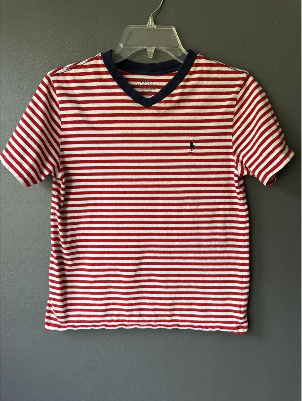Polo Ralph Lauren Red & White Striped V-Neck T-Shirt, Navy Trim, Size M